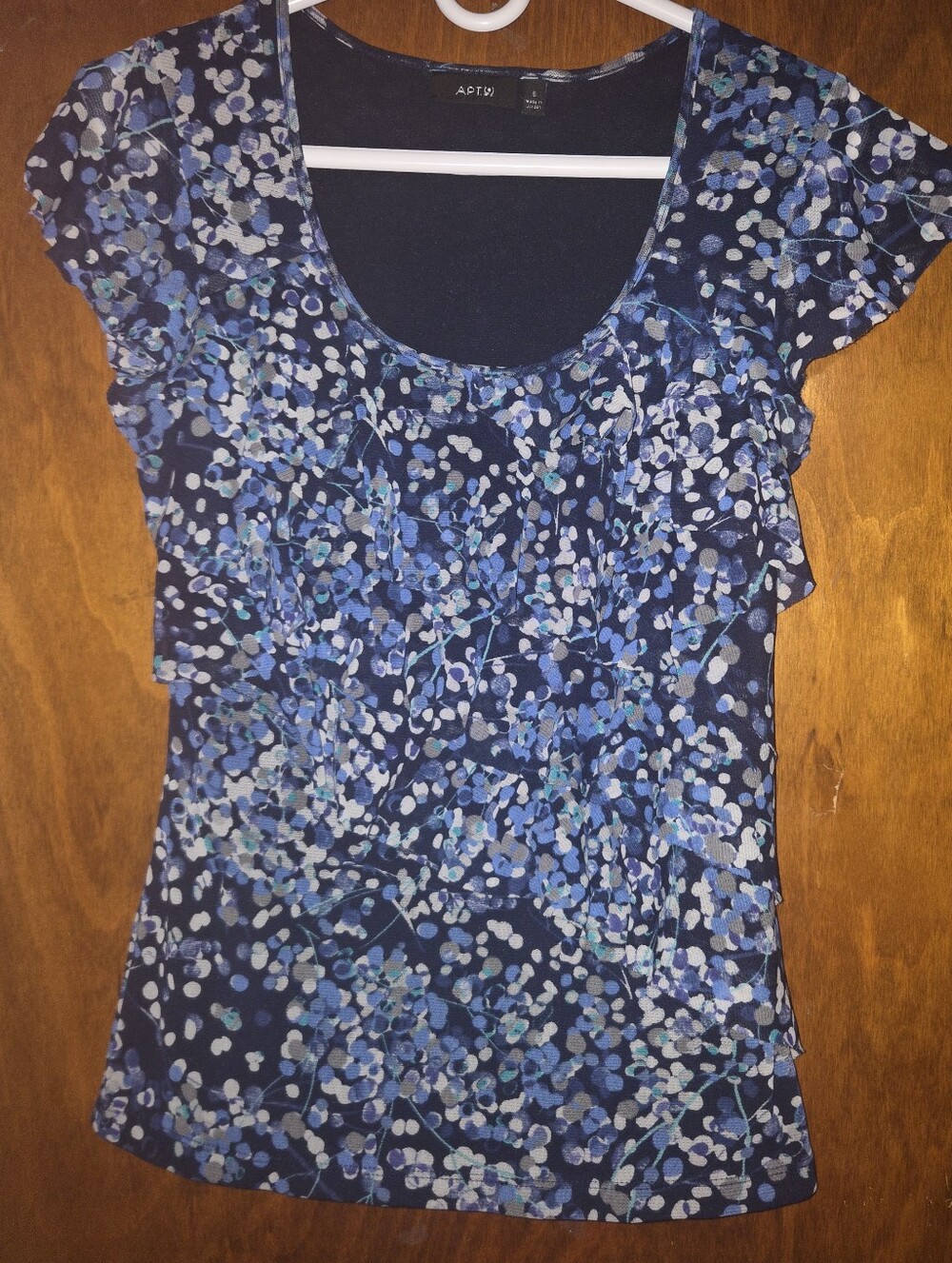 Vintage Y2K Apt. 9 Blue Abstract Floral Ruffle Front Mesh Blouse Top Size S